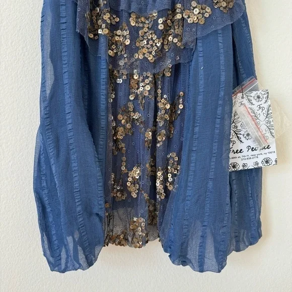 Free People Elisas Off the Shoulder Gold Sequin Blue Top XS SAMPLE - Picture 6 of 15
